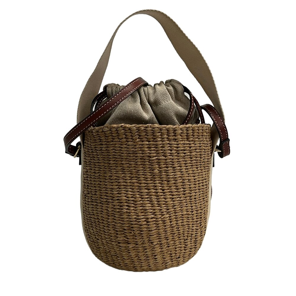 Chloรฉ Woody Small Basket Shoulder Bag Beige Brown Natural Fiber Cotton Leather